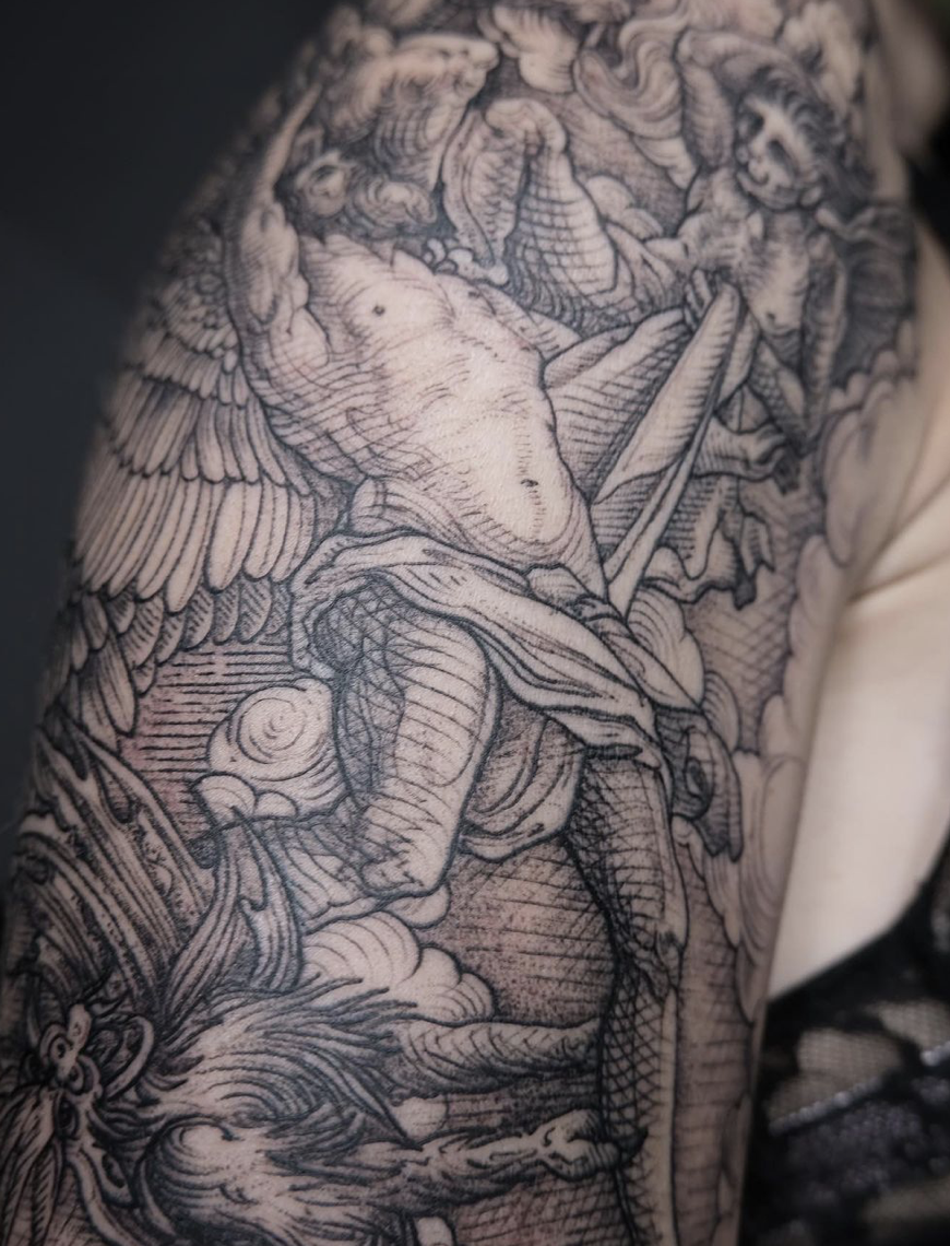 Etching Style Half Sleeve | Remington Tattoo Parlor